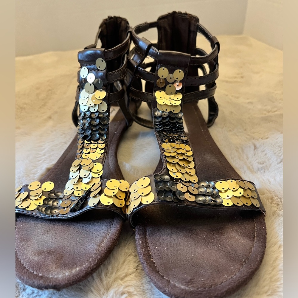 American Eagle Outfitters Brown and Gold Sequin Sandals